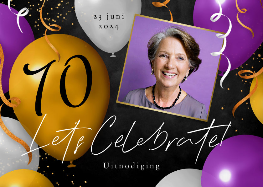 Uitnodigingen - Uitnodiging feestje 70 jaar ballonnen foto slingers confetti