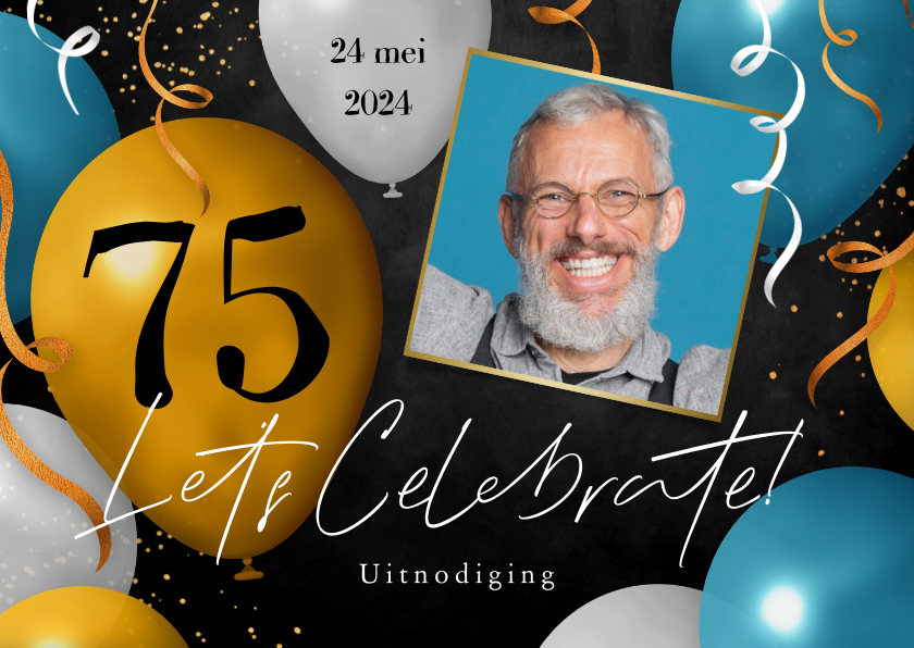 Uitnodigingen - Uitnodiging feestje 75 jaar ballonnen slingers confetti foto