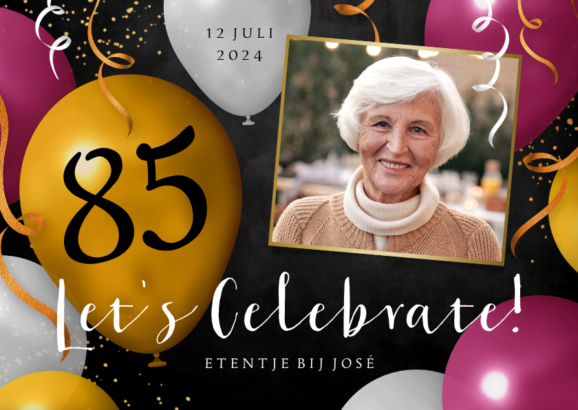 Uitnodigingen - Uitnodiging feestje 85 jaar ballonnen slingers confetti foto