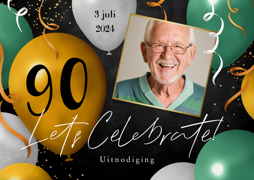 Uitnodigingen - Uitnodiging feestje 90 jaar ballonnen foto slingers groen