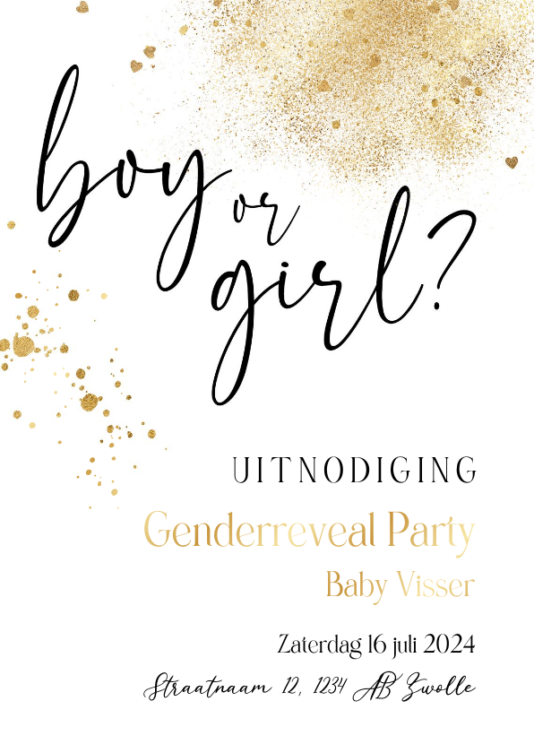 Uitnodigingen - Uitnodiging genderreveal klassiek spetters goudlook hartjes