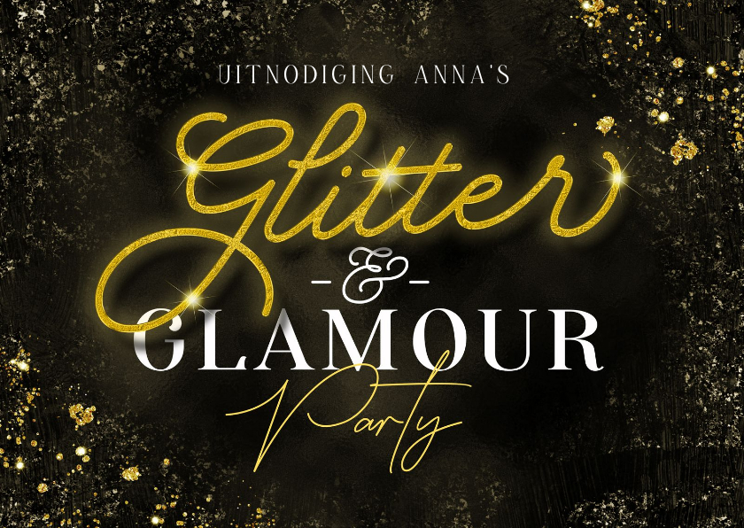 Uitnodiging Glitter& Glamour goud | Kaartje2go