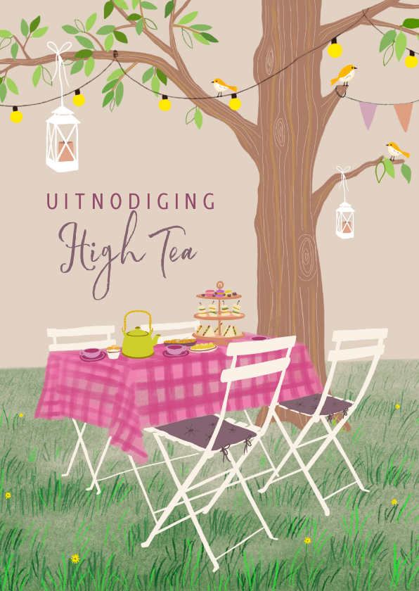 Uitnodigingen - Uitnodiging High Tea tafel onder boom
