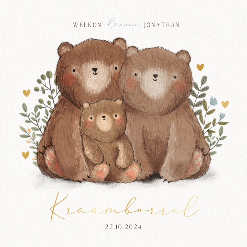 Uitnodigingen - Uitnodiging kraamfeest berenfamilie plantjes & hartjes