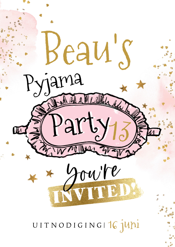 Uitnodigingen - Uitnodiging 'Pyjama Party' slaapfeestje slaapmasker goudlook