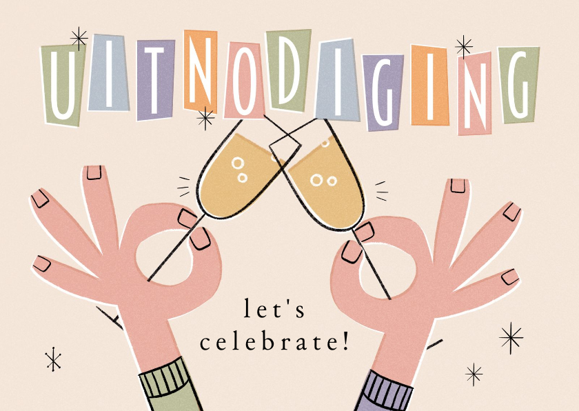 Uitnodigingen - Uitnodiging retro gekleurde letters champagne