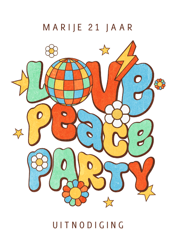 Uitnodigingen - Uitnodiging thema party groovy funky flower power disco