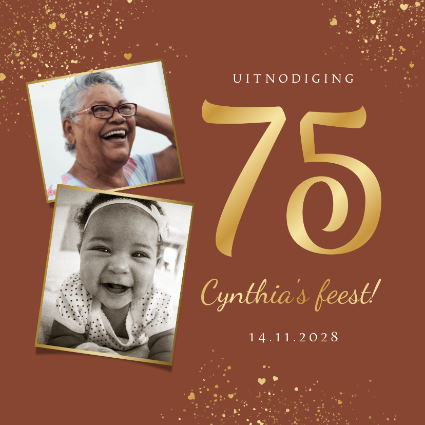 Uitnodigingen - Uitnodiging verjaardagsfeest 75 jaar goud hartjes foto