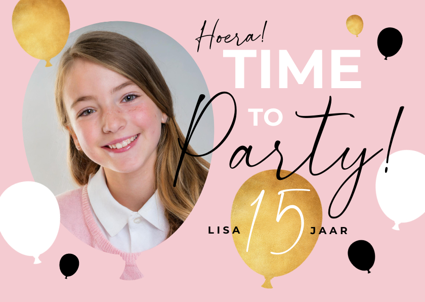 Uitnodigingen - Uitnodiging verjaardagsfeestje ballonnen goud roze foto