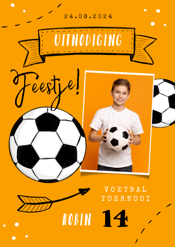 Uitnodigingen - Uitnodiging voetbal verjaardag tiener oranje foto doodle