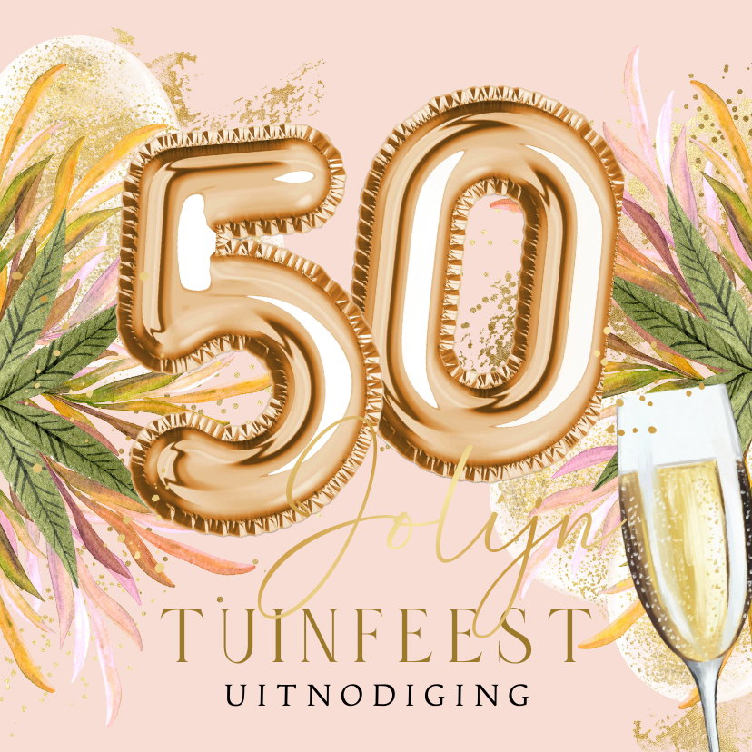 Uitnodigingen - Zomerse uitnodigingskaart tuinfeest 50 jaar goud champagne