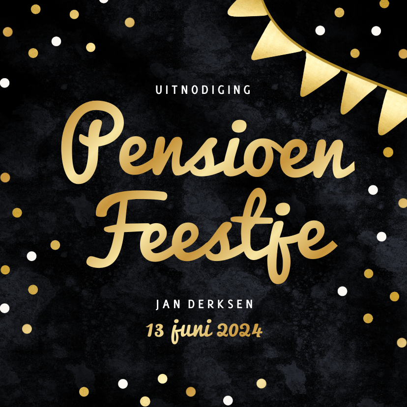 Uitnodigingen - Zwarte uitnodiging pensioen feest met gouden vlaggetjes