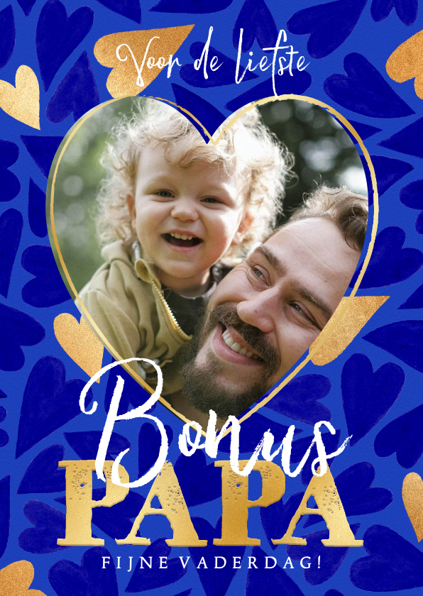 Vaderdag kaarten - Trendy vaderdagkaart bonuspapa hartjes blauw foto goud