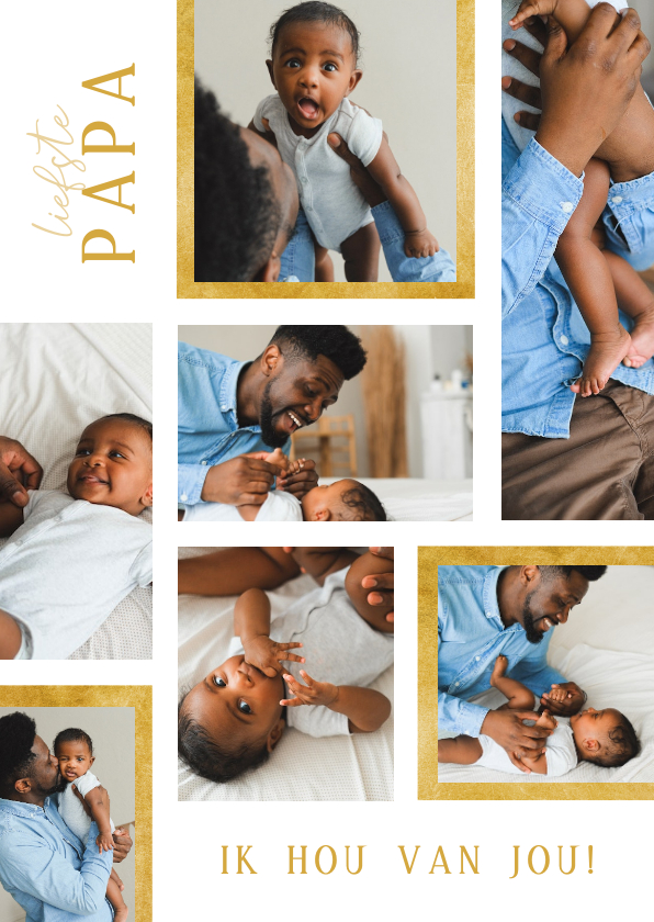 Vaderdag kaarten - Vaderdag staande collagekaart zeven foto's met goudaccenten