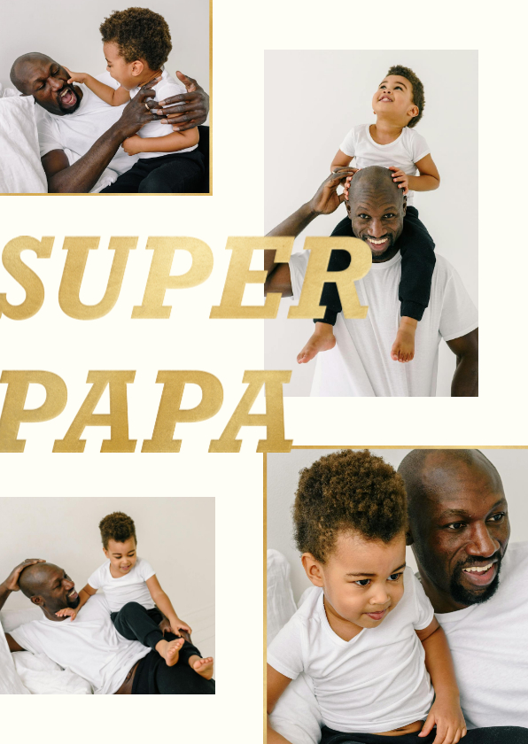 Vaderdag kaarten - Vaderdagkaart 'Super Papa' goud fotocollage 4 foto's