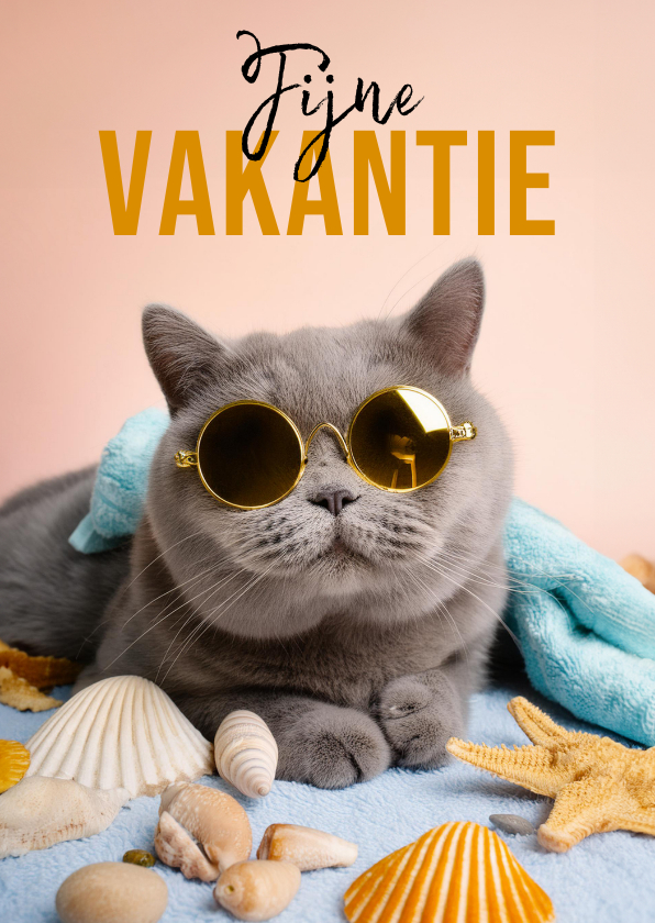 Vakantiekaarten - Grappige vakantiekaart kat zonnebril fijne vakantie schelpen