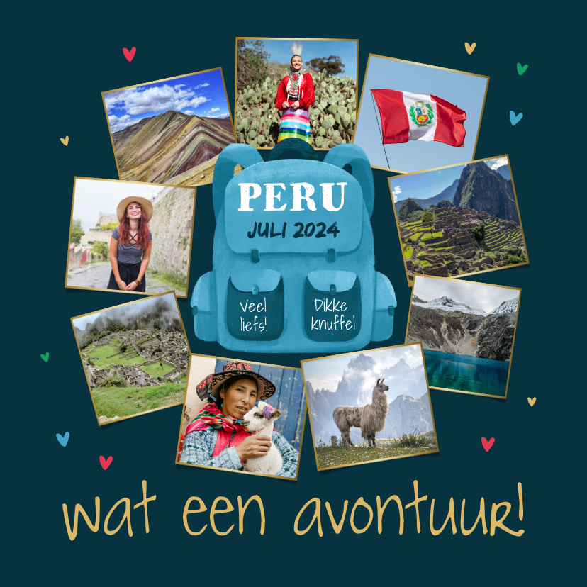 Vakantiekaarten - Vakantiekaart fotocollage backpack liefs uit peru hartjes