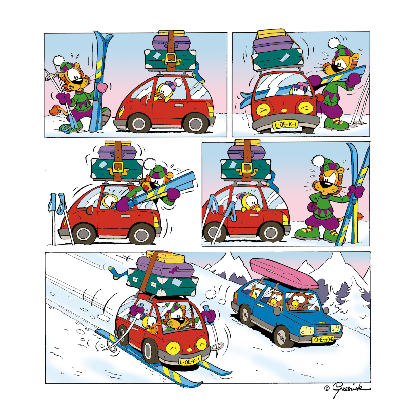 Vakantiekaarten - Vakantiekaart Loeki wintersport strip auto