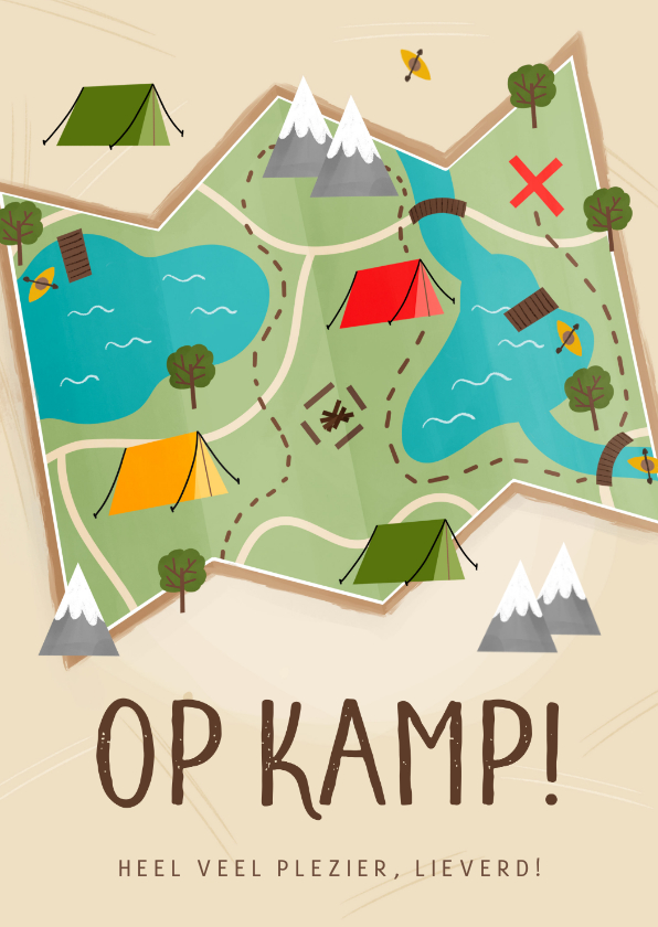 Vakantiekaarten - Vakantiekaartje illustratie landkaart op kamp tent