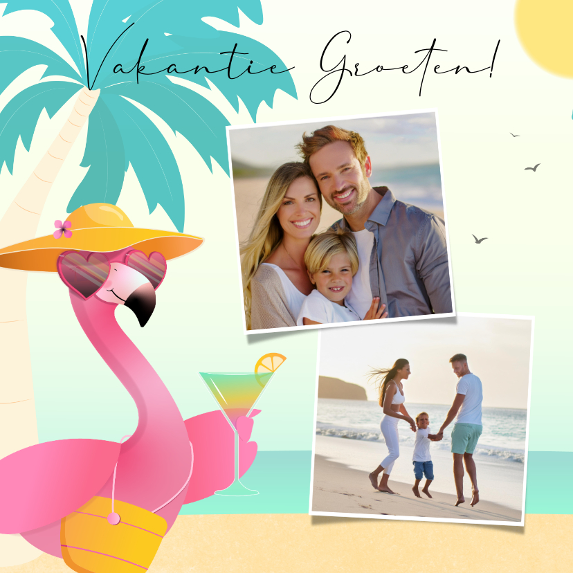 Vakantiekaarten - Zonnige vakantiekaart met foto's strand flamingo en palmboom