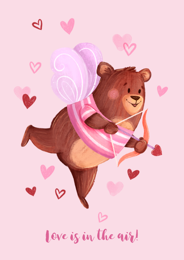 Valentijnskaarten - Kleurrijke valentijnskaart met een cupido beertje en hartjes