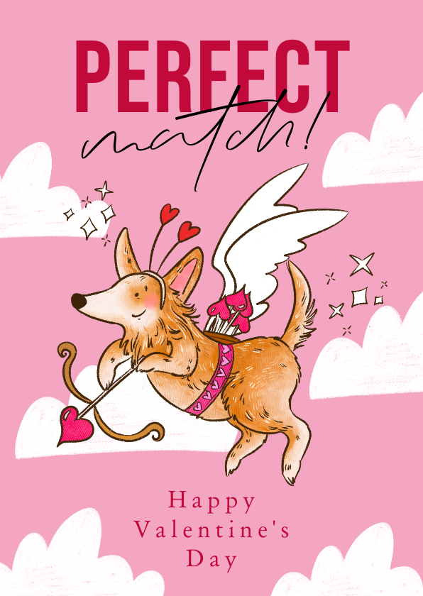 Valentijnskaarten - Lieve valentijnskaart 'Perfect Match' hond cupido wolken