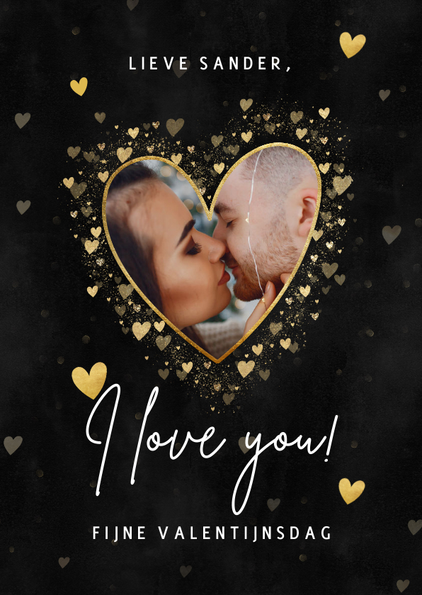 Valentijnskaarten - Stijlvolle Valentijnskaart gouden hartjes, foto 'I love you'