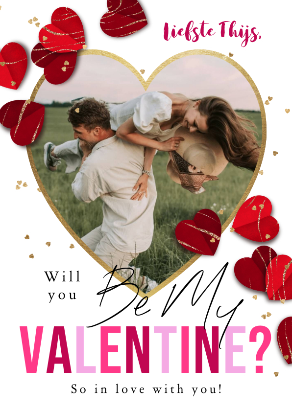 Valentijnskaarten - Trendy fotokaart Valentijn kleurrijke hartjes goud confetti