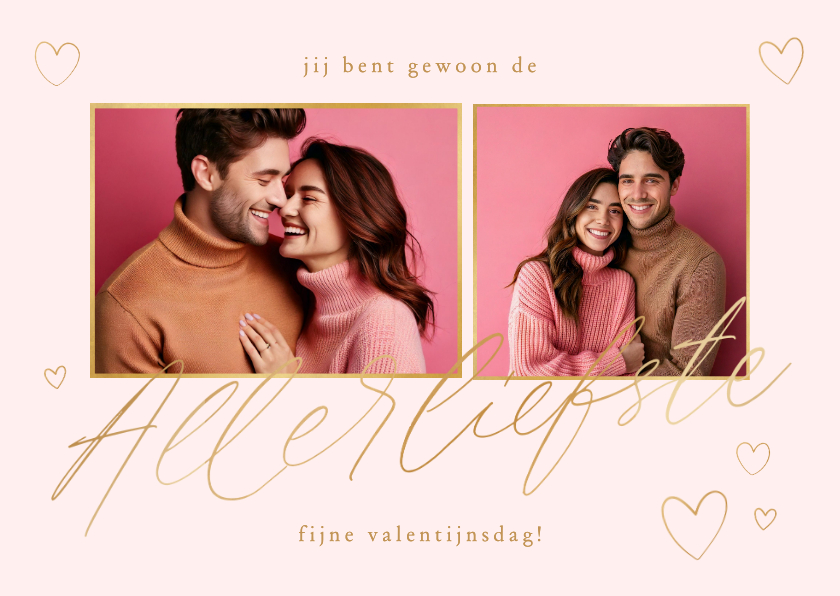 Valentijnskaarten - Valentijnskaart 2 foto's goud met inkt hartjes