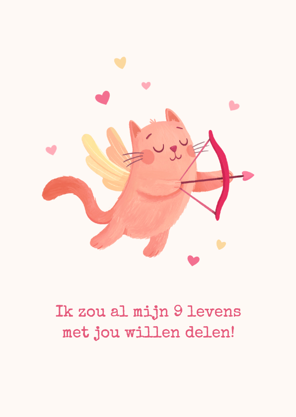 Valentijnskaarten - Valentijnskaart kat cupido humor 9 levens hartjes liefde