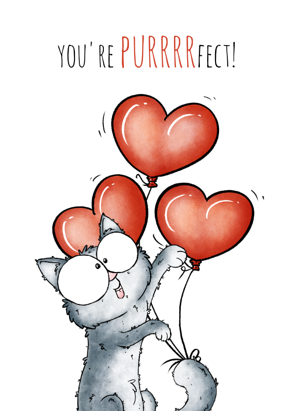 Valentijnskaarten - Valentijnskaart kat met hartenballonnen You're purrfect!