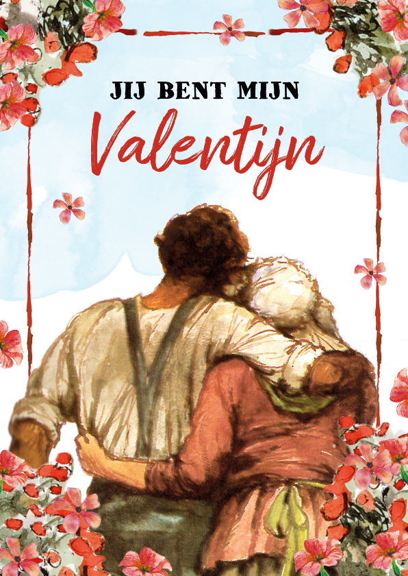 Valentijnskaarten - Valentijnskaart met veel bloemen en knuffelend paar.