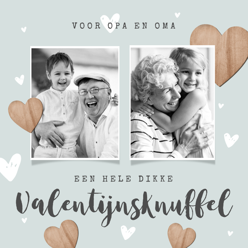 Valentijnskaarten - Valentijnskaartje dikke knuffel houten hartjes en foto's