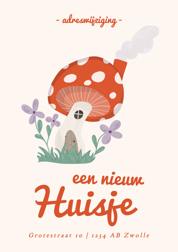 Verhuiskaarten - Hippe verhuiskaart met paddenstoel huisje en bloemen