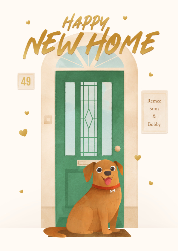 Verhuiskaarten - Verhuisbericht voordeur hond hartjes new home