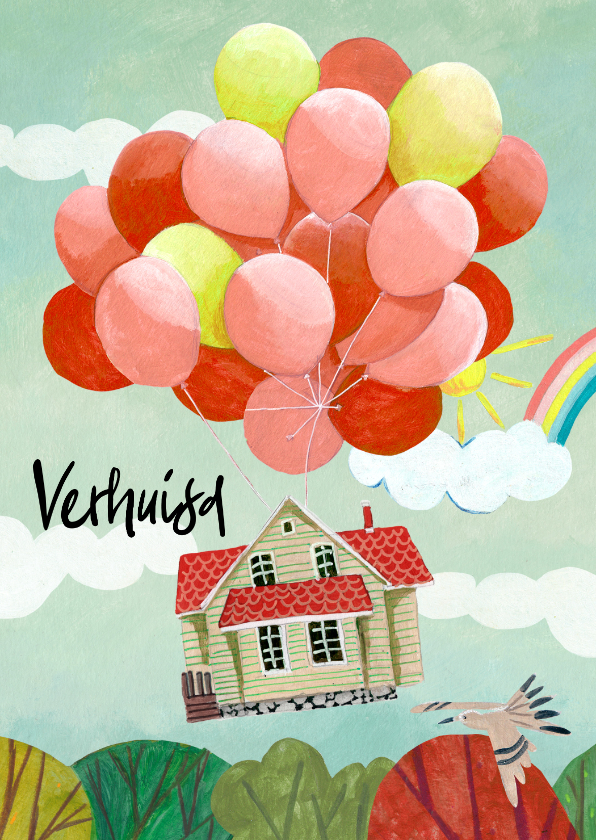 Verhuiskaarten - Verhuiskaart huis aan ballonnen in de lucht