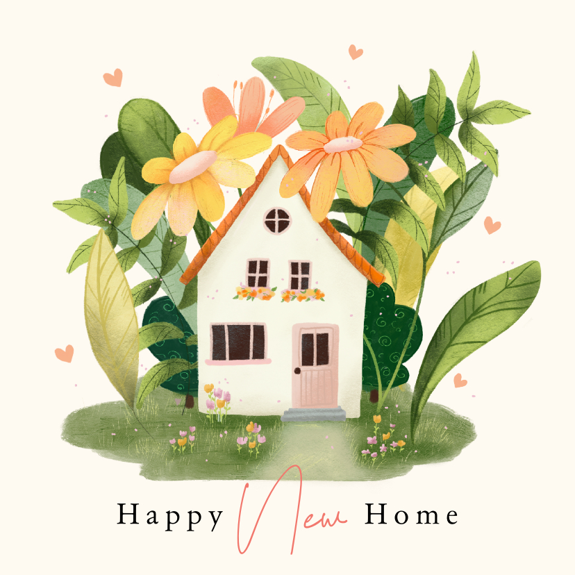 Verhuiskaarten - Verhuiskaart huis met grote bloemen planten en hartjes