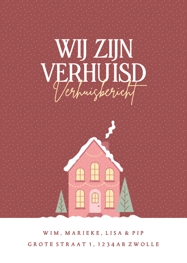 Verhuiskaarten - Verhuiskaart kerst rood met roze huisje en sneeuw