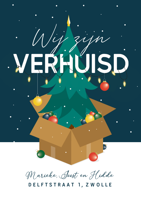 Verhuiskaarten - Verhuiskaart kerstboom kerstballen winter