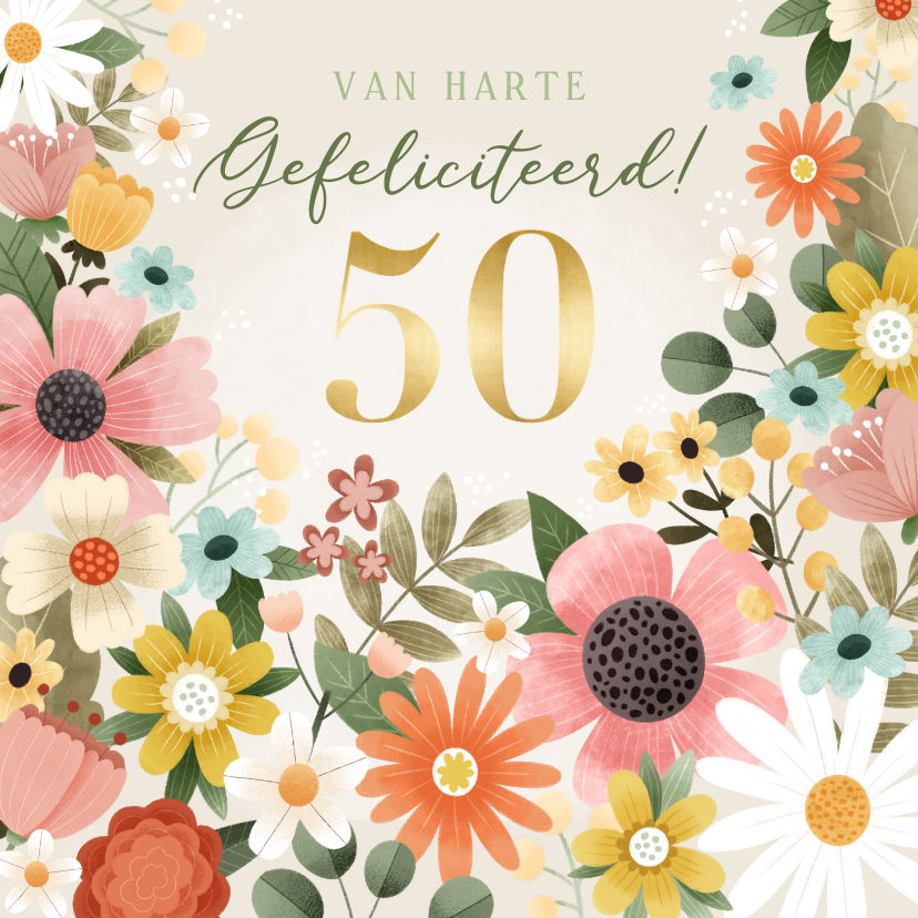 band Prediken retort Fleurige verjaardagskaart met bloemen 50 jaar | Kaartje2go