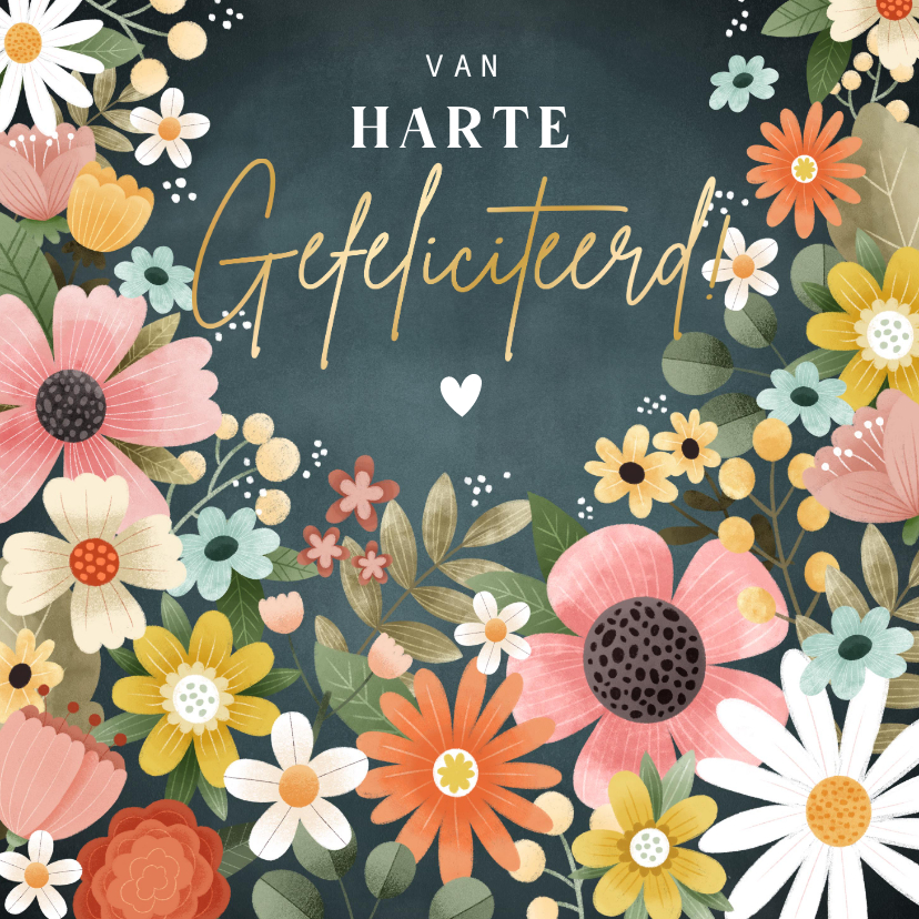 Buik salaris Manieren Fleurige verjaardagskaart met bloemen gouden | Kaartje2go