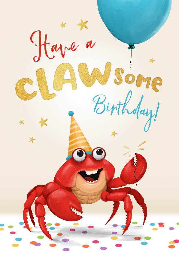 Verjaardagskaarten - Grappige verjaardagskaart clawsome crab confetti krab ballon