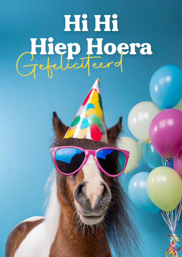 Verjaardagskaarten - Kaartje hi hi hiep hoera met paard met bril en ballonnen 