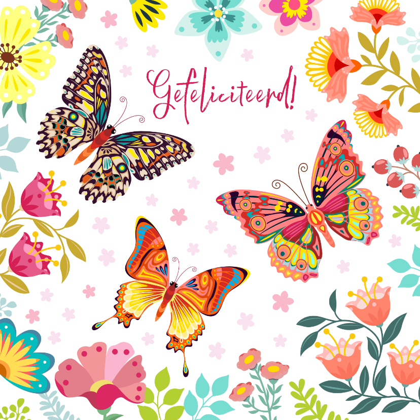 Verjaardagskaarten - Kleurrijke verjaardagskaart vlinders en bloemen