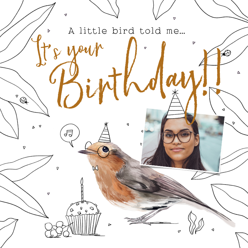 Verjaardagskaarten - Leuke verjaardagskaart met geïllustreerde vogel en cupcake