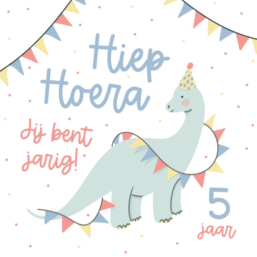 Verjaardagskaarten - Lief verjaardagskaartje met dinosaurus en slingers