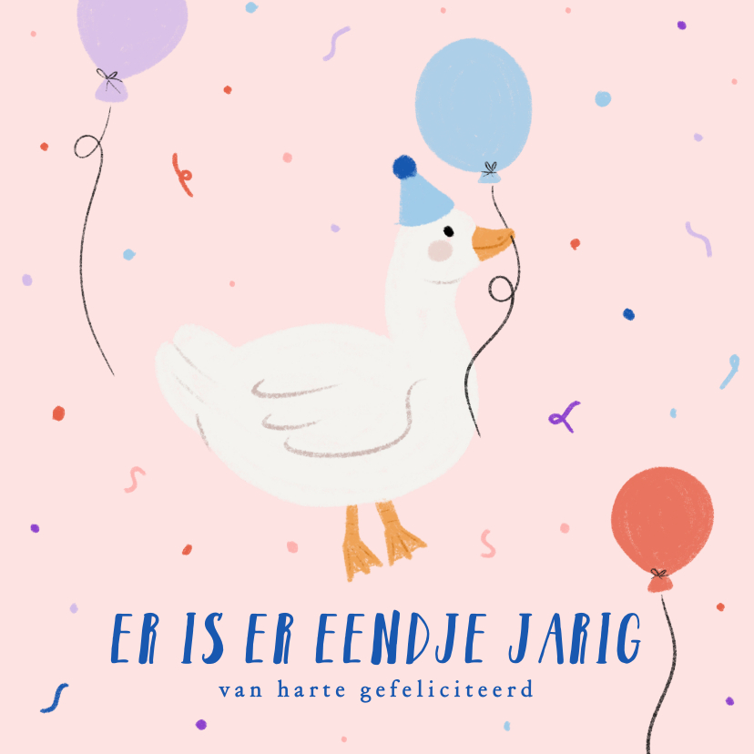 Verjaardagskaarten - Lief verjaardagskaartje met eendje ballonnen en confetti 