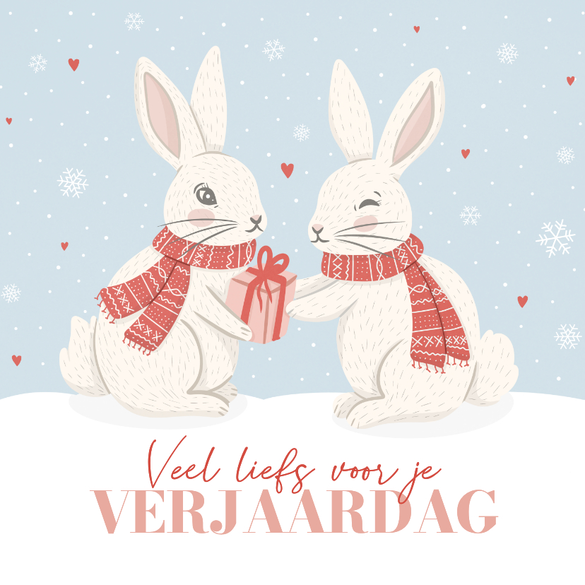 Verjaardagskaarten - Lieve winterse verjaardagskaart met konijntjes met cadeau