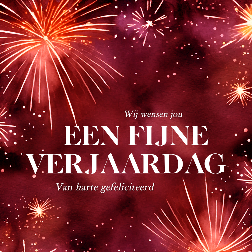 Verjaardagskaarten - Rode verjaardagskaart met waterverf vuurwerk stijlvol