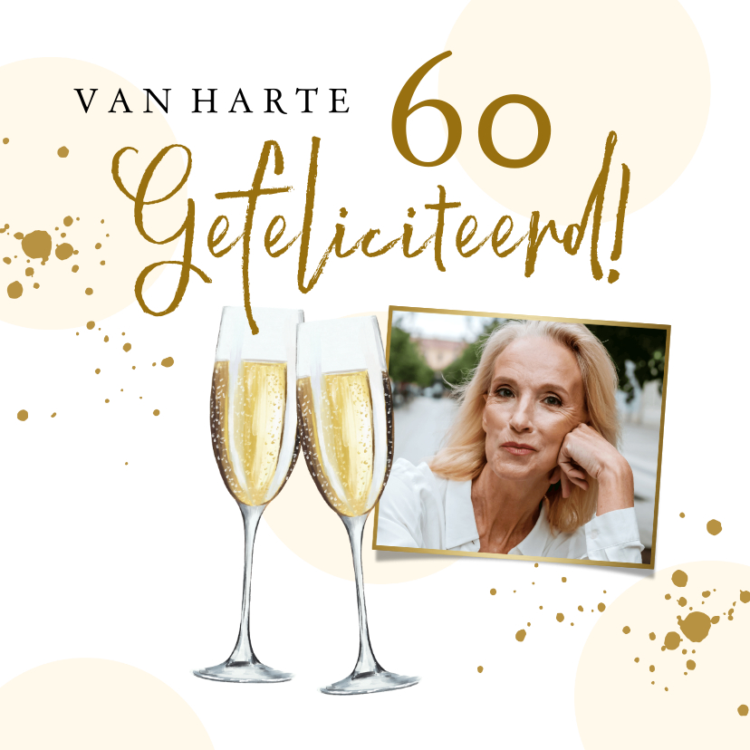 Verjaardagskaarten - Stijlvolle kaart met champagneglazen, spetters en foto